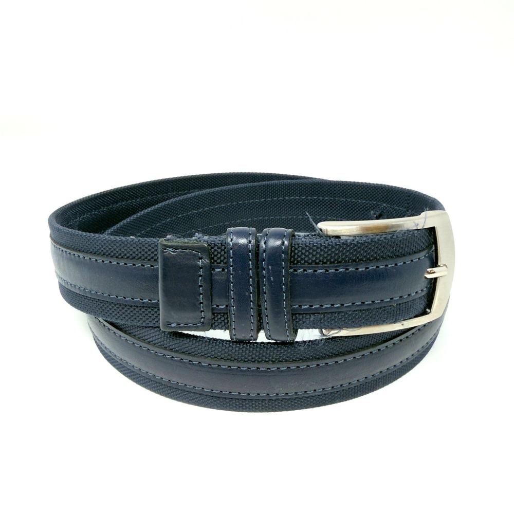 Italian‎ Made Leather Fabric Belt Navy Silver Buckle Mens 38